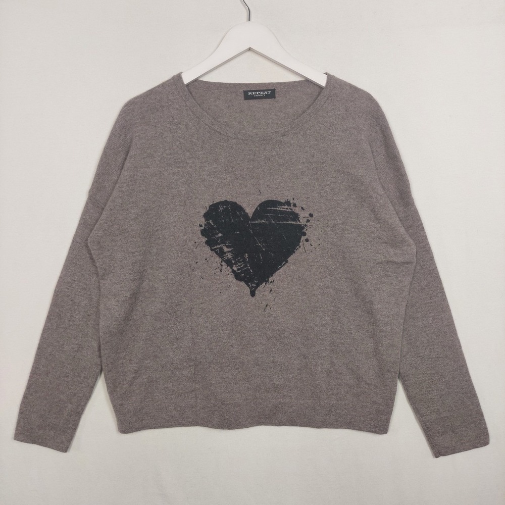 Repeat Cashmere Taupe Brown Distressed Heart Graphic Crewneck Sweater Womens